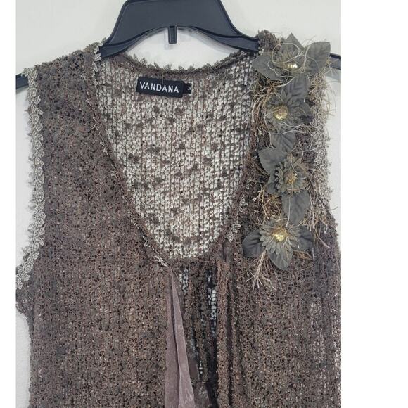 Vandana Sleeveless Kimono Womens Medium Gypsy Boho Lace Embellished Brown - Picture 2 of 7